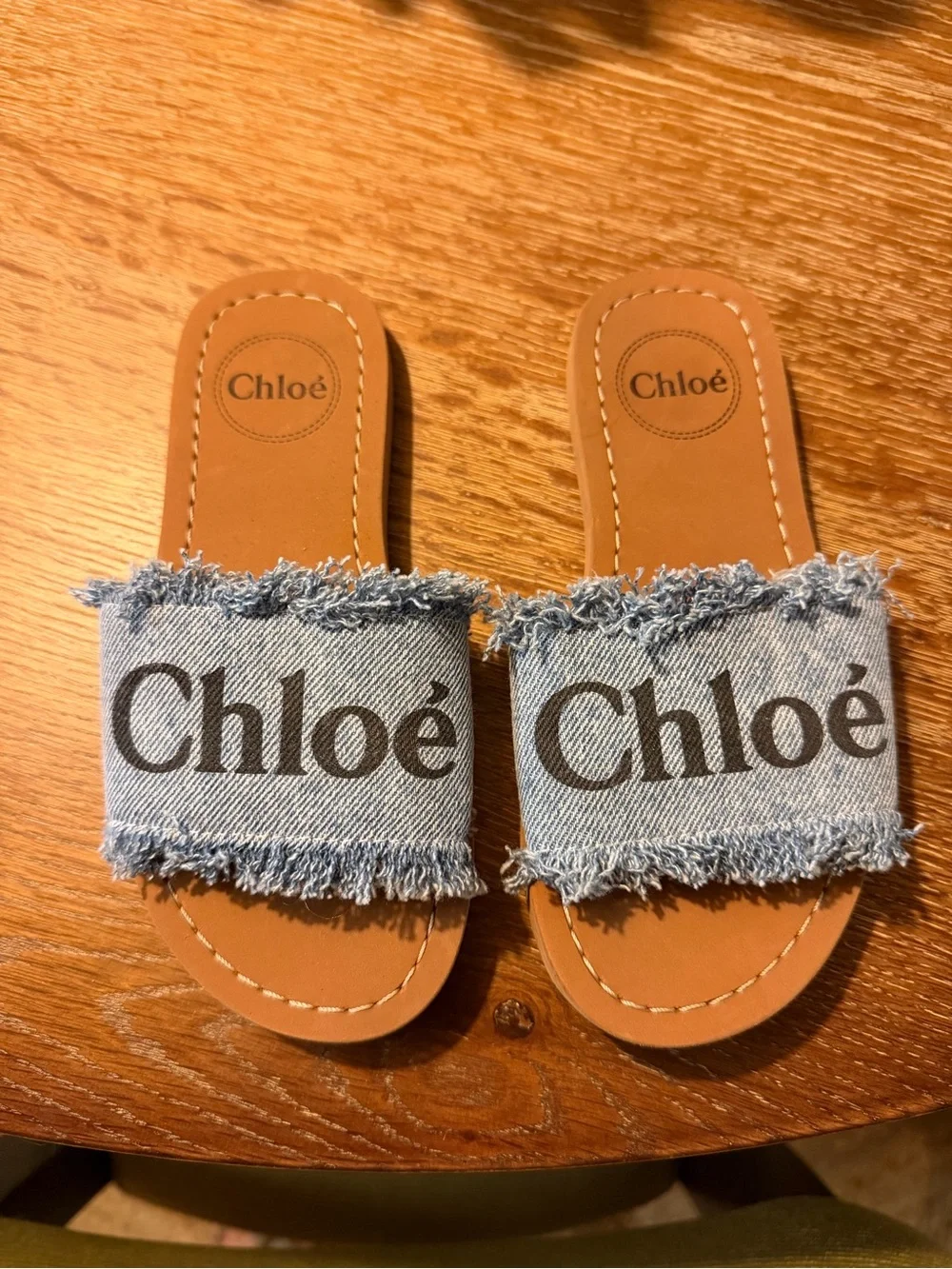 Chloé Light Blue Denim Logo Slide Sandals for Kids